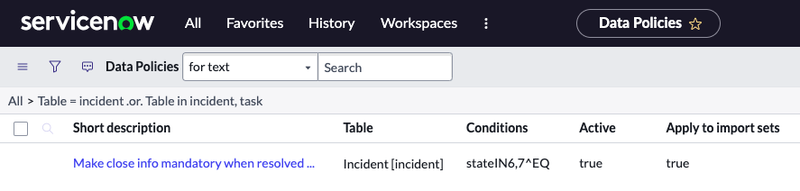 List of all Data Policies for Incident.