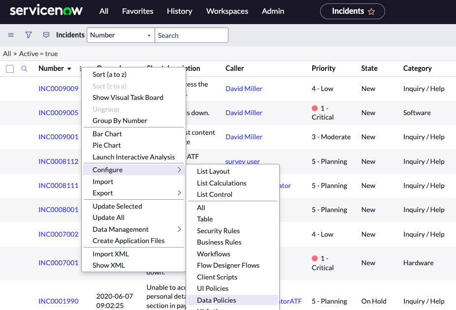 Right click the header bar, then Configure > Data Policies