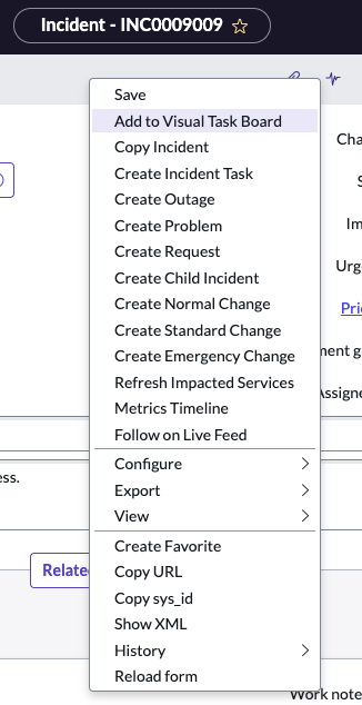 Screen shot of options presented after clicking the form header or context menu. Copy incident, create problem, create request, create child incident, etc. 