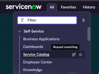 Screen shot of clicking All > Self-Service > Service Catalog