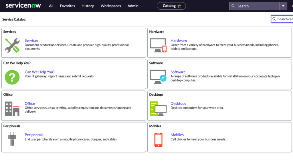 Screen shot of available categories, including services, can we help you?, Office services like printing, hardware, software, etc. 