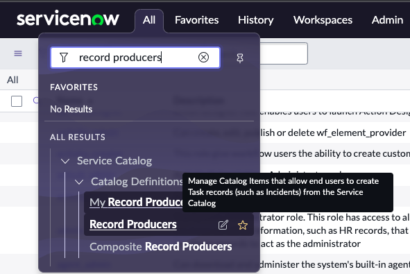 Screen shot of navigation from All > Service Catalog > Catalog Definitions > Record Producers