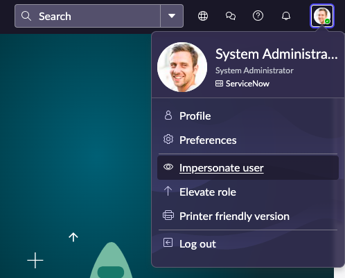 Screen shot of clicking the user icon, and the menu options, including Impersonate user. 