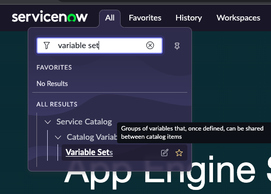 Screenshot showing navigation from All > Service Catalog > Catalog Variables > Variable Sets.