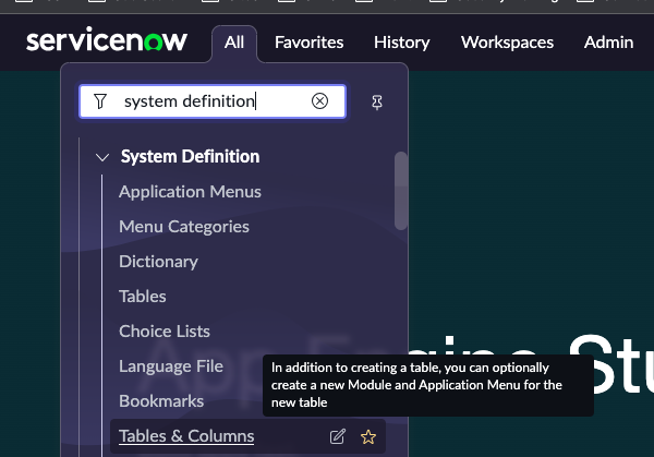 Screen shot of searching for the string "system definition" from the All menu. 