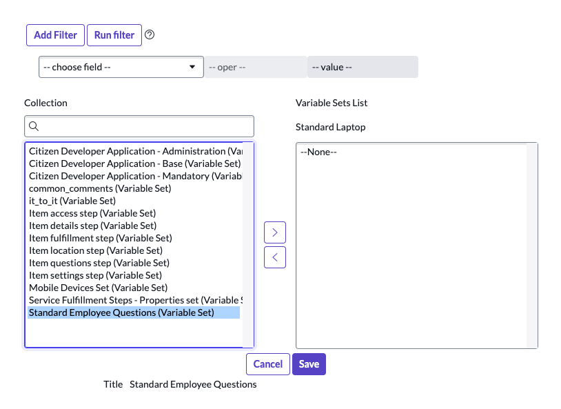 Screen shot of the slushbucket with the variable set Standard Employee Questions highlighted. 