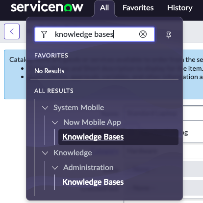 Screen shot of navigating All > Knowledge > Administration > Knowledge Bases