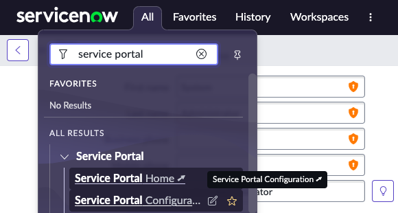 Screen shot of navigating All > service portal > service portal configuration in order to access the branding editor.