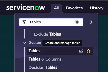 Screen shot of All > tables