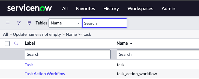 Screen shot of results when searching for the task table by table name in the upper left.