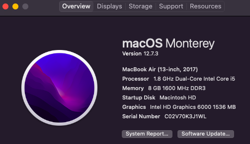 Screen shot of About this Mac displaying details of this Macbook Air. Processor is 1.8 GHz Dual-Core Intel Core i5, and operating system is macOS Monterey.
