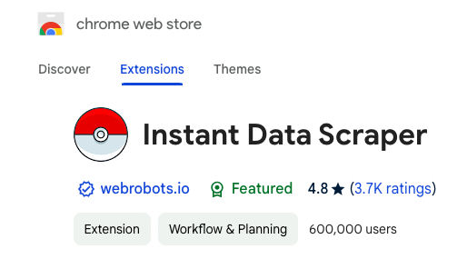 Screen shot of Instant Data Scraper Extension on the Chrome Web Store page. 