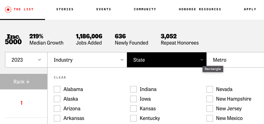 Screen shot of the Inc 5000 web page showing choices to pick which states you want to filter by. 