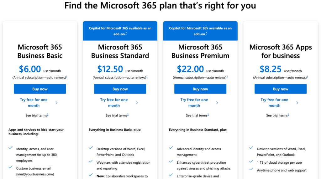 Screen shot of Microsoft 365 plans.