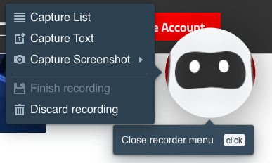 Image of the robot with the following options: Capture List, Capture Text, or Capture Screenshot. 