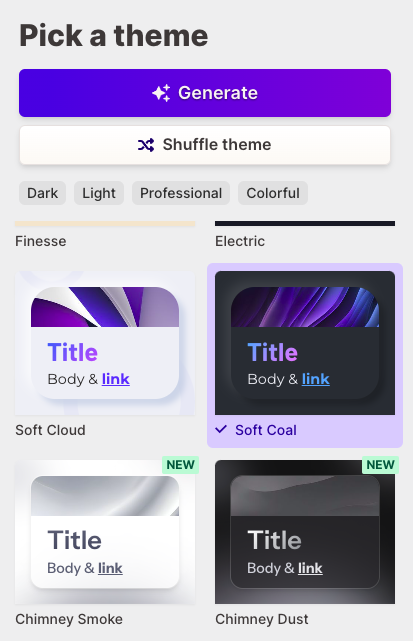 Screen shot of the themes displayed as options to select. 