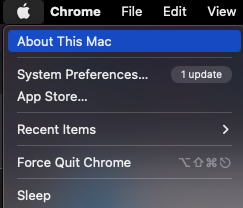 Screen shot of the Apple icon, and About This Mac is highlighted. 