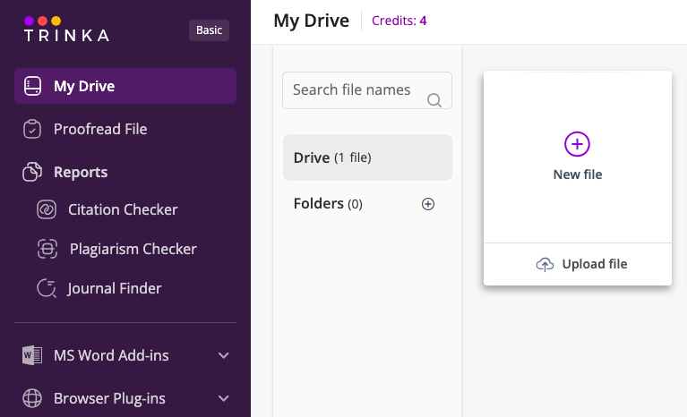 Screen shot of Trinka AI's navigation: My Drive, Proofread File, Citation Checker, Plagiarism Checker, Journal Finder. 