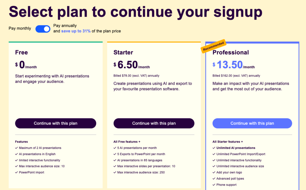 Screen shot of the Sendsteps pricing page.